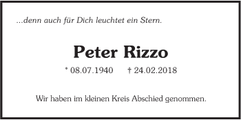 Traueranzeige von Peter Rizzo von SÜDWEST PRESSE Ausgabe Ulm/Neu-Ulm