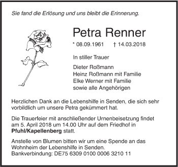 Traueranzeige von Petra Renner von SÜDWEST PRESSE Ausgabe Ulm/Neu-Ulm