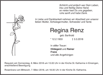Traueranzeige von Regina Renz von SÜDWEST PRESSE Ausgabe Ulm/Neu-Ulm