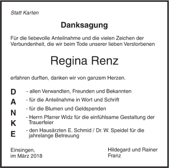 Traueranzeige von Regina Renz von SÜDWEST PRESSE Ausgabe Ulm/Neu-Ulm