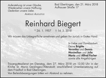 Traueranzeige von Reinhard Biegert von NWZ Neue Württembergische Zeitung/Geislinger Zeitung