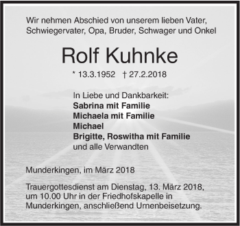 Traueranzeige von Rolf Kuhnke von Ehinger Tagblatt