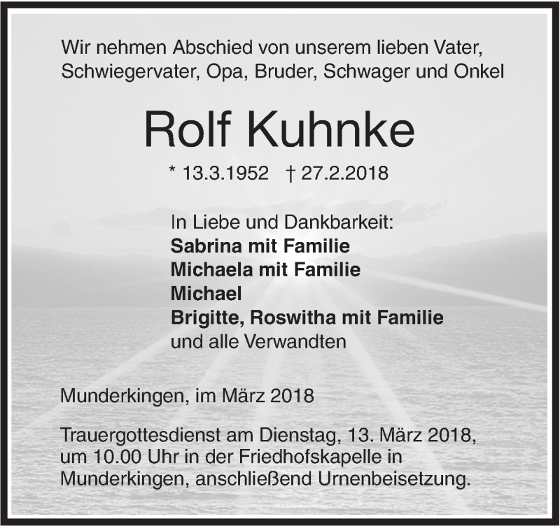  Traueranzeige für Rolf Kuhnke vom 08.03.2018 aus Ehinger Tagblatt