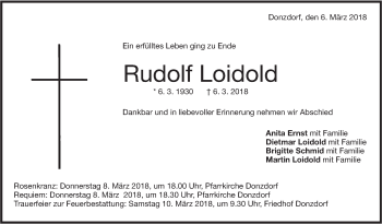 Traueranzeige von Rudolf Loidold von NWZ Neue Württembergische Zeitung