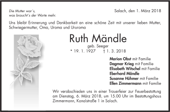 Traueranzeige von Ruth Mändle von NWZ Neue Württembergische Zeitung