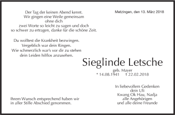 Traueranzeige von Sieglinde Letsche von Metzinger-Uracher Volksblatt