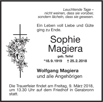 Traueranzeige von Sophia Magiera von Hohenloher Tagblatt