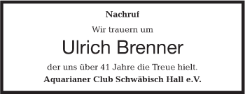 Traueranzeige von Ulrich Brenner von Haller Tagblatt