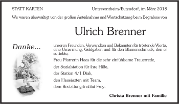 Traueranzeige von Ulrich Brenner von Rundschau Gaildorf