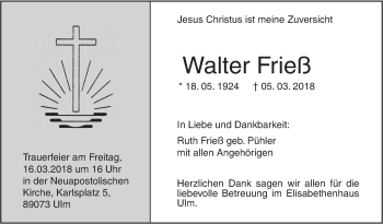 Traueranzeige von Walter Frieß von SÜDWEST PRESSE Ausgabe Ulm/Neu-Ulm