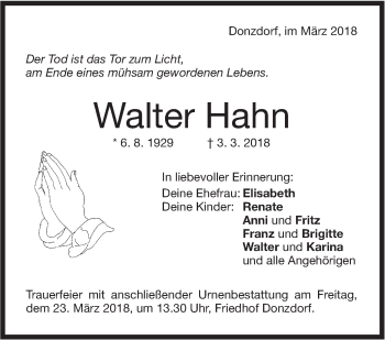 Traueranzeige von Walter Hahn von NWZ Neue Württembergische Zeitung