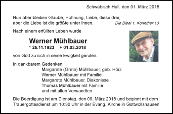 Traueranzeige von Werner Mühlbauer von Haller Tagblatt