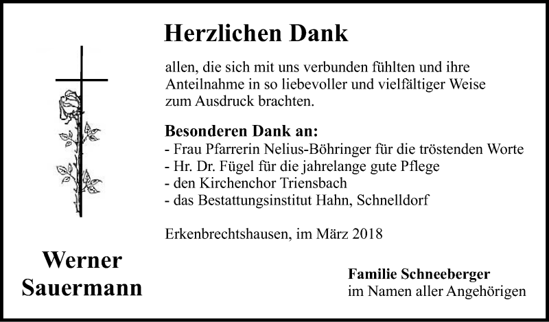  Traueranzeige für Werner Sauermann vom 20.03.2018 aus Hohenloher Tagblatt