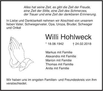 Traueranzeige von Willi Hohlweck von SÜDWEST PRESSE Ausgabe Ulm/Neu-Ulm