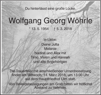 Traueranzeige von Wolfgang Georg Wöhrle von SÜDWEST PRESSE Ausgabe Ulm/Neu-Ulm
