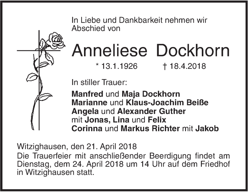  Traueranzeige für Anneliese Dockhorn vom 21.04.2018 aus SÜDWEST PRESSE Ausgabe Ulm/Neu-Ulm