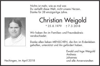 Traueranzeige von Christian Weigold von Hohenzollerische Zeitung