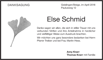 Traueranzeige von Else Schmid von Geislinger Zeitung
