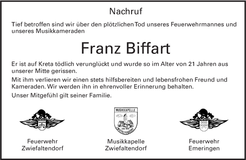  Traueranzeige für Franz Biffart vom 07.04.2018 aus Alb-Bote/Metzinger-Uracher Volksblatt