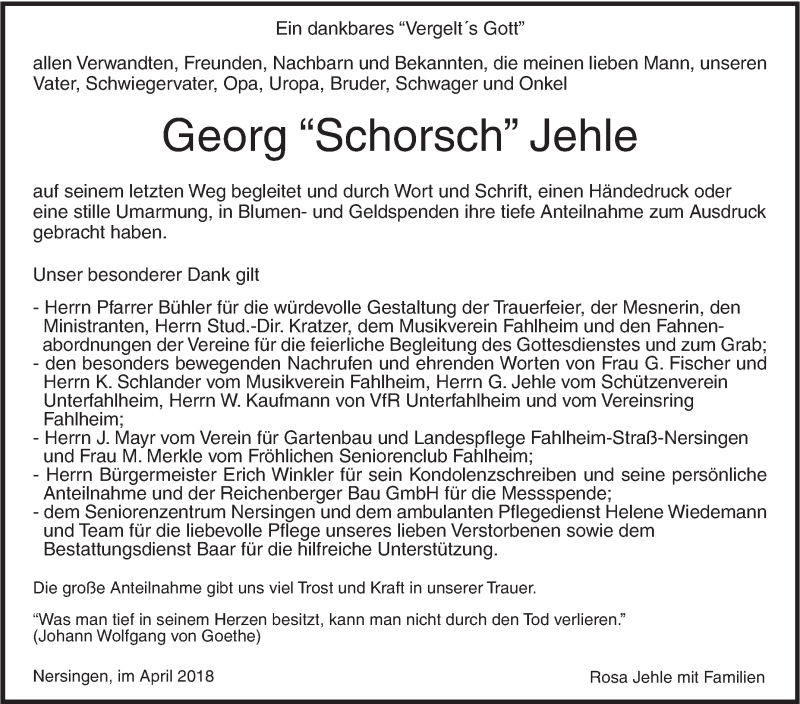  Traueranzeige für Georg Jehle vom 27.04.2018 aus SÜDWEST PRESSE Ausgabe Ulm/Neu-Ulm