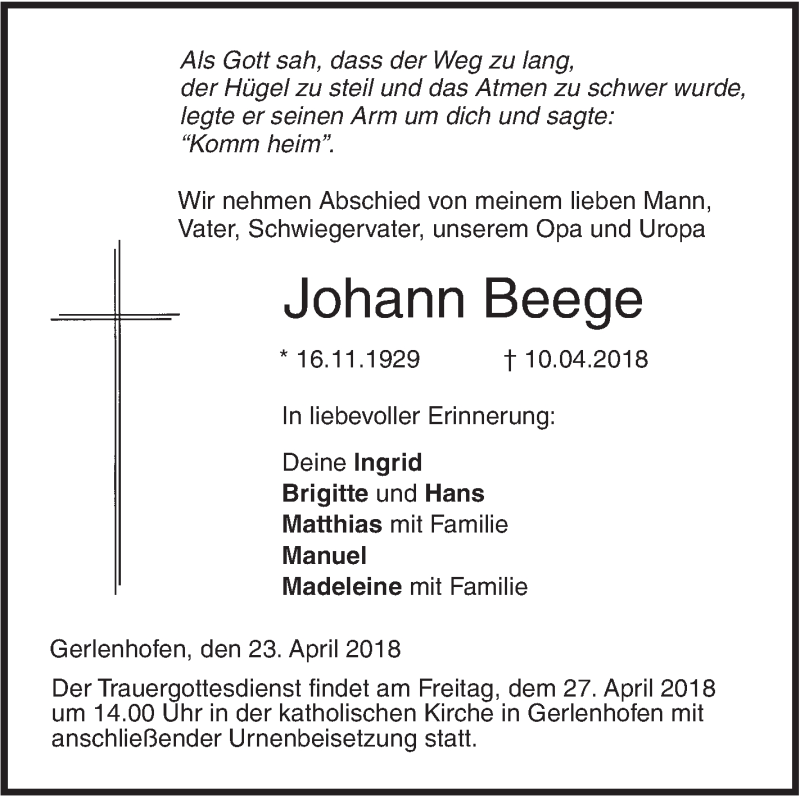  Traueranzeige für Johann Beege vom 23.04.2018 aus SÜDWEST PRESSE Ausgabe Ulm/Neu-Ulm