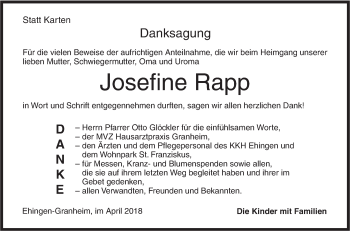 Traueranzeige von Josefine Rapp von Ehinger Tagblatt