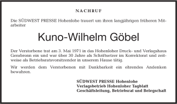 Traueranzeige von Kuno-Wilhelm Göbel von Hohenloher Tagblatt