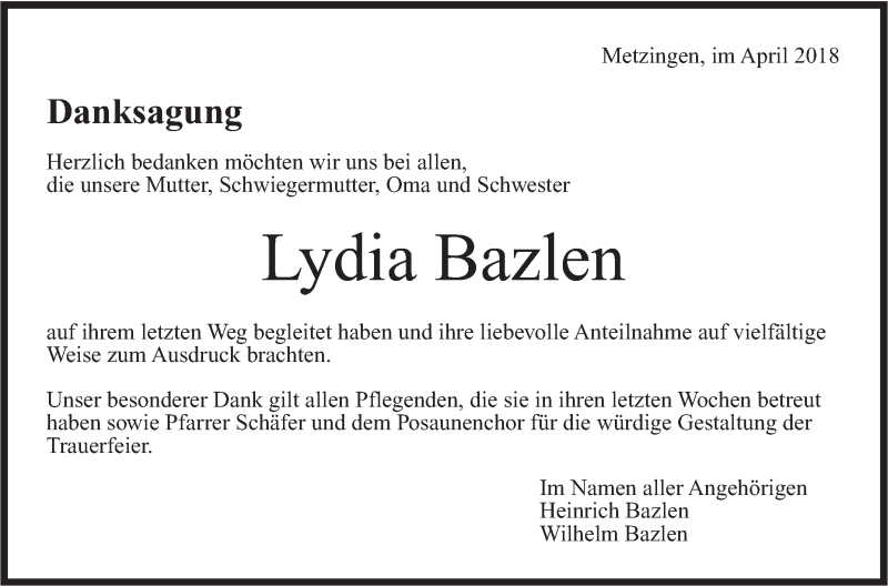  Traueranzeige für Lydia Bazlen vom 28.04.2018 aus Metzinger-Uracher Volksblatt