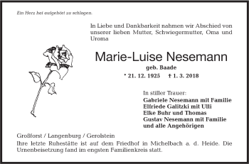 Traueranzeige von Marie-Luise Nesemann von Hohenloher Tagblatt
