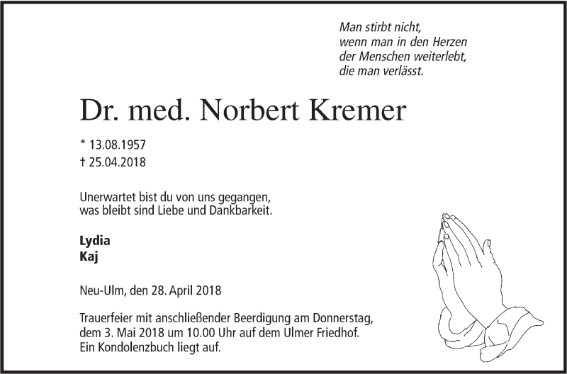 Traueranzeige für Norbert Kremer vom 28.04.2018 aus SÜDWEST PRESSE Ausgabe Ulm/Neu-Ulm