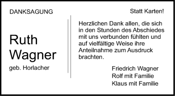 Traueranzeige von Ruth Wagner von Haller Tagblatt