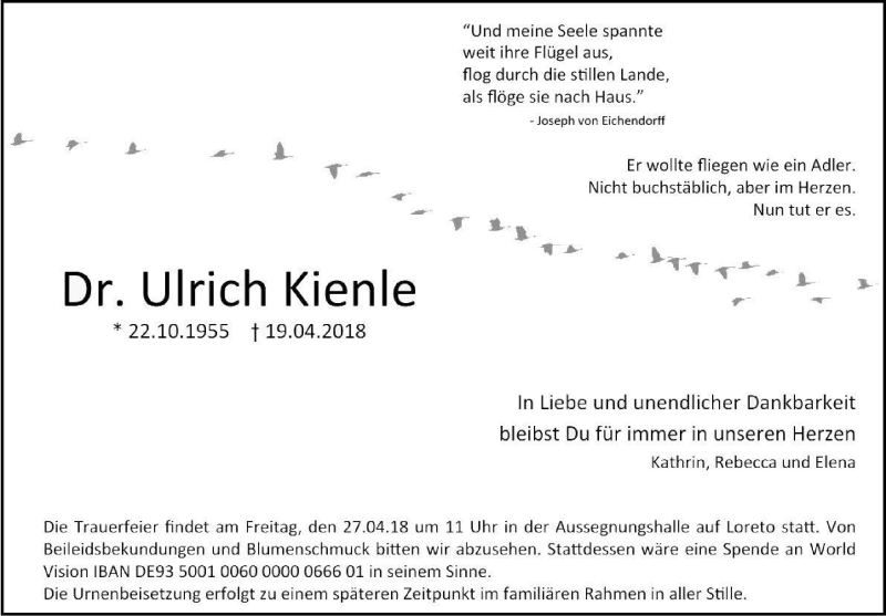  Traueranzeige für Ulrich Kienle vom 25.04.2018 aus Haller Tagblatt