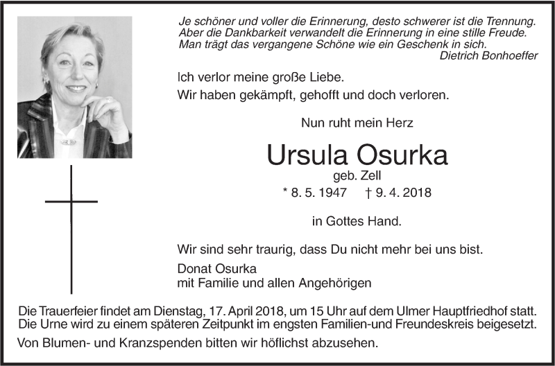  Traueranzeige für Ursula Osurka vom 13.04.2018 aus SÜDWEST PRESSE Ausgabe Ulm/Neu-Ulm