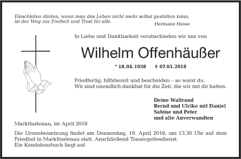 Traueranzeige von Wilhelm Offenhäußer von Hohenloher Tagblatt