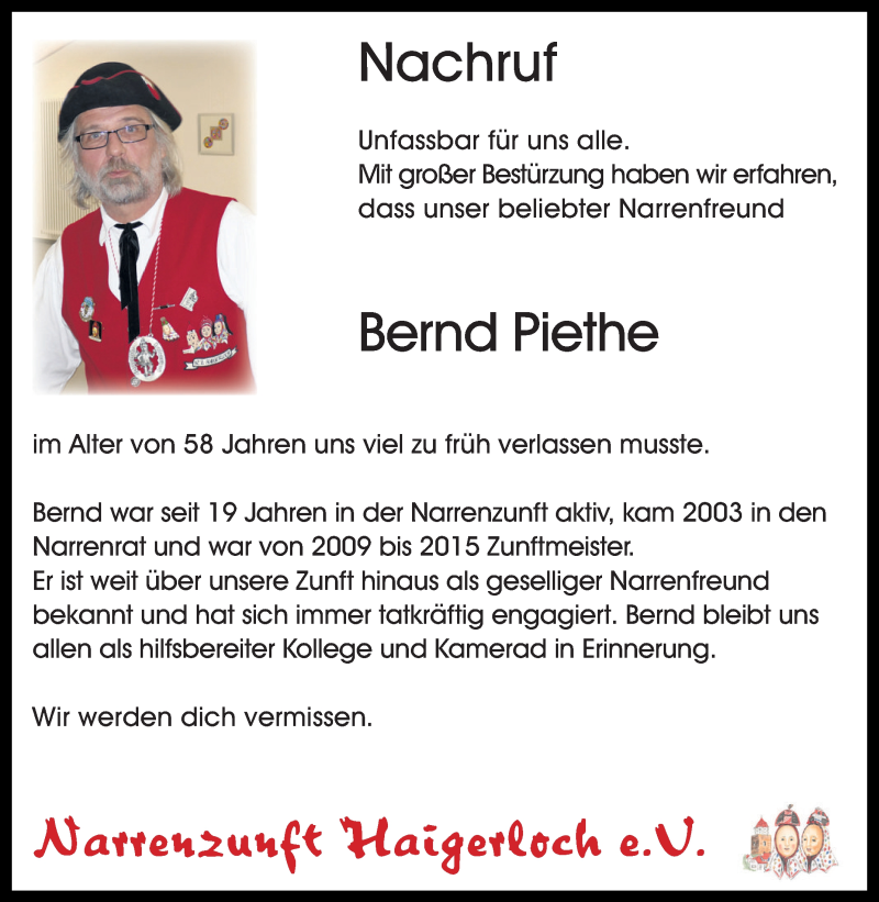  Traueranzeige für Bernd Piethe vom 23.05.2018 aus Hohenzollerische Zeitung