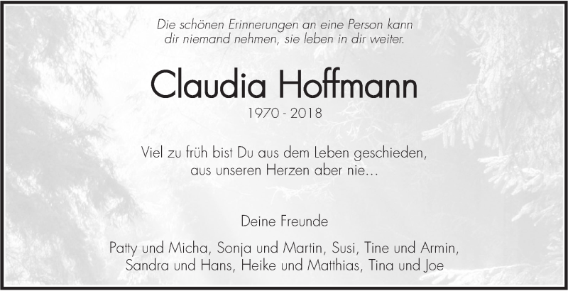  Traueranzeige für Claudia Hoffmann vom 03.05.2018 aus NWZ Neue Württembergische Zeitung