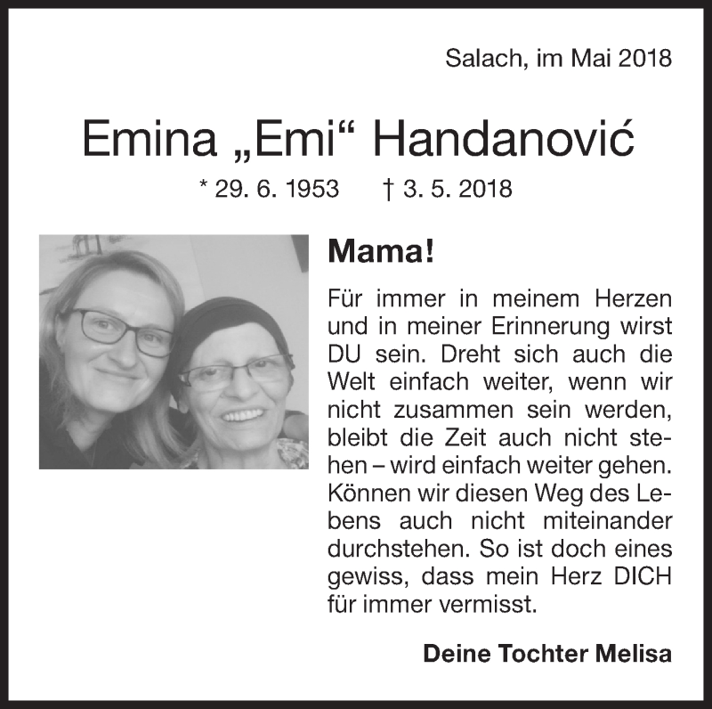  Traueranzeige für Emina Handanovic vom 05.05.2018 aus NWZ Neue Württembergische Zeitung