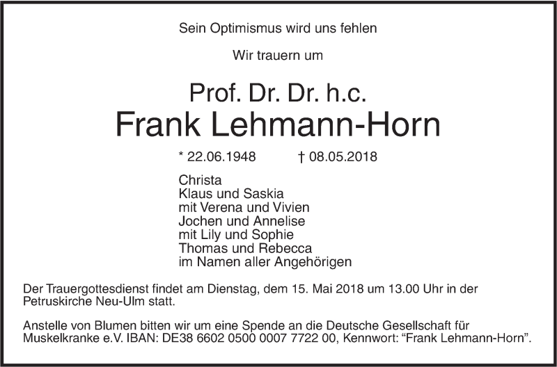  Traueranzeige für Frank Lehmann-Horn vom 12.05.2018 aus SÜDWEST PRESSE Ausgabe Ulm/Neu-Ulm