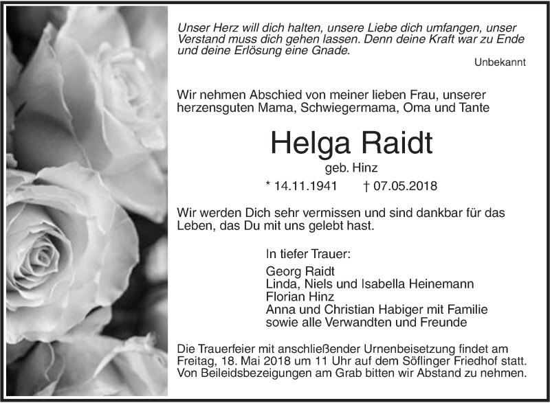  Traueranzeige für Helga Raidt vom 11.05.2018 aus SÜDWEST PRESSE Ausgabe Ulm/Neu-Ulm