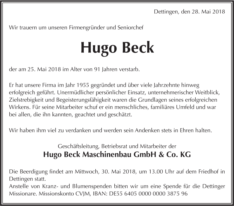  Traueranzeige für Hugo Beck vom 28.05.2018 aus Metzinger-Uracher Volksblatt