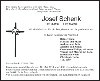 Traueranzeige von Josef Schenk von Hohenloher Tagblatt