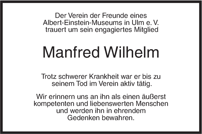  Traueranzeige für Manfred Wilhelm vom 19.05.2018 aus SÜDWEST PRESSE Ausgabe Ulm/Neu-Ulm
