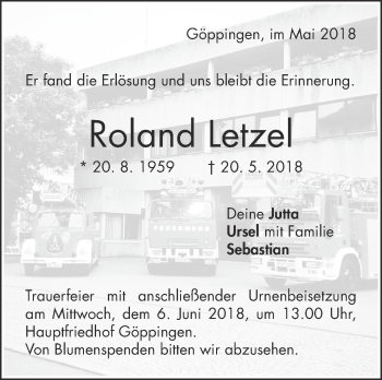 Traueranzeige von Roland Letzel von NWZ Neue Württembergische Zeitung