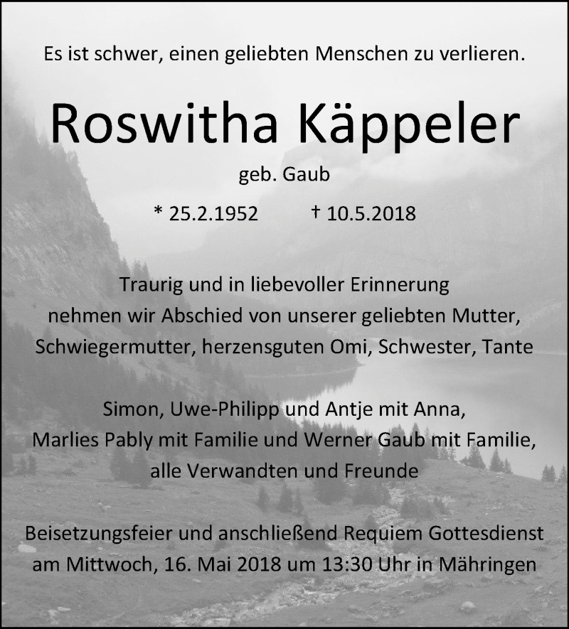 Traueranzeige für Roswitha Käppeler vom 14.05.2018 aus SÜDWEST PRESSE Ausgabe Ulm/Neu-Ulm