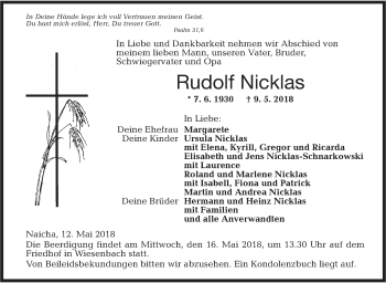 Traueranzeige von Rudolf Nicklas von Hohenloher Tagblatt