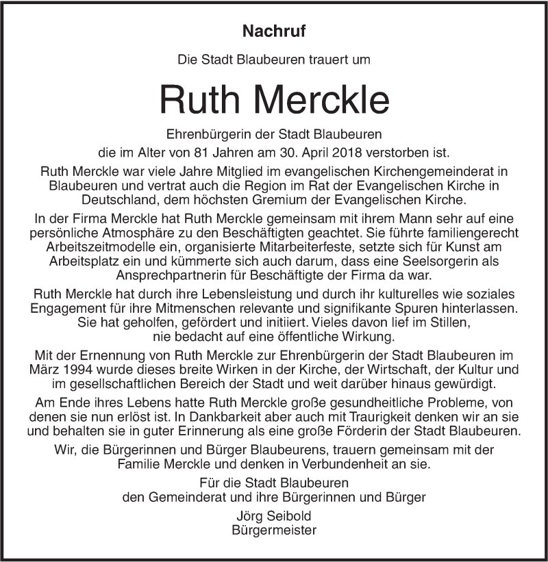  Traueranzeige für Ruth Merckle vom 04.05.2018 aus SÜDWEST PRESSE
