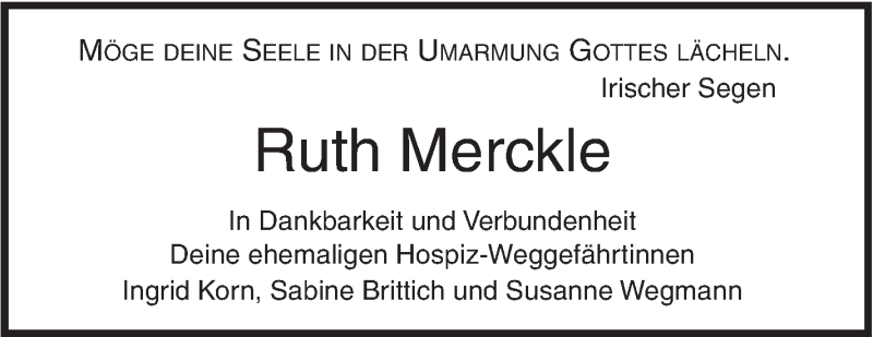  Traueranzeige für Ruth Merckle vom 18.05.2018 aus SÜDWEST PRESSE
