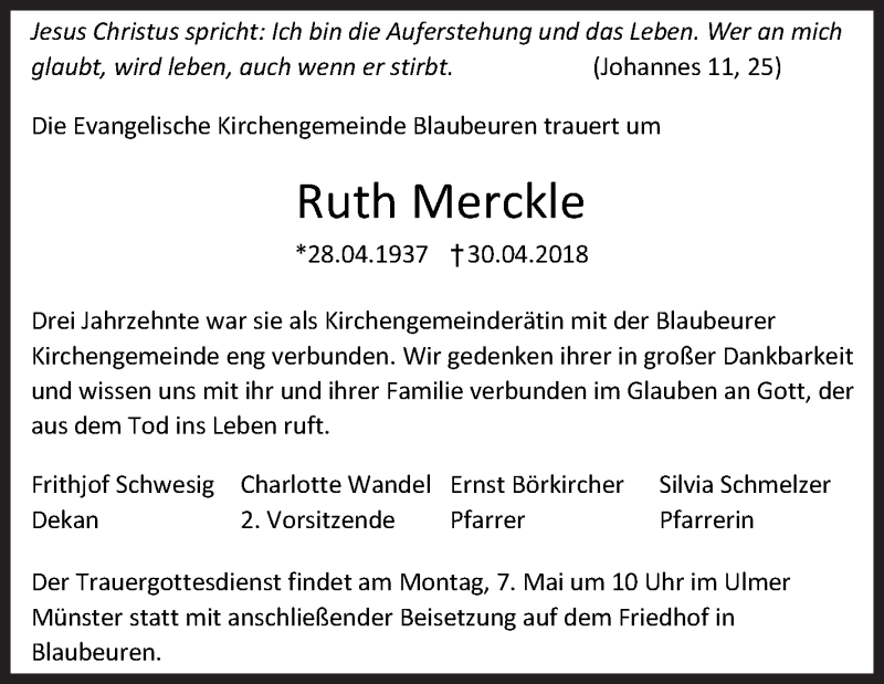 Traueranzeige für Ruth Merckle vom 04.05.2018 aus SÜDWEST PRESSE Ausgabe Ulm/Neu-Ulm