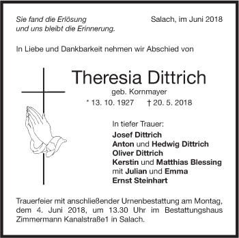 Traueranzeige von Theresia Dittrich von NWZ Neue Württembergische Zeitung