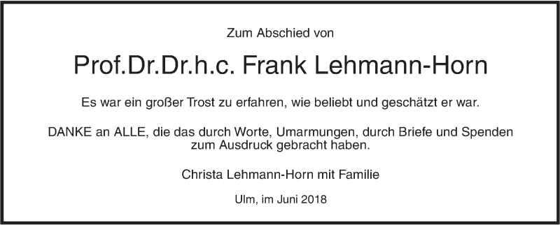  Traueranzeige für Frank Lehmann-Horn vom 30.06.2018 aus SÜDWEST PRESSE Ausgabe Ulm/Neu-Ulm